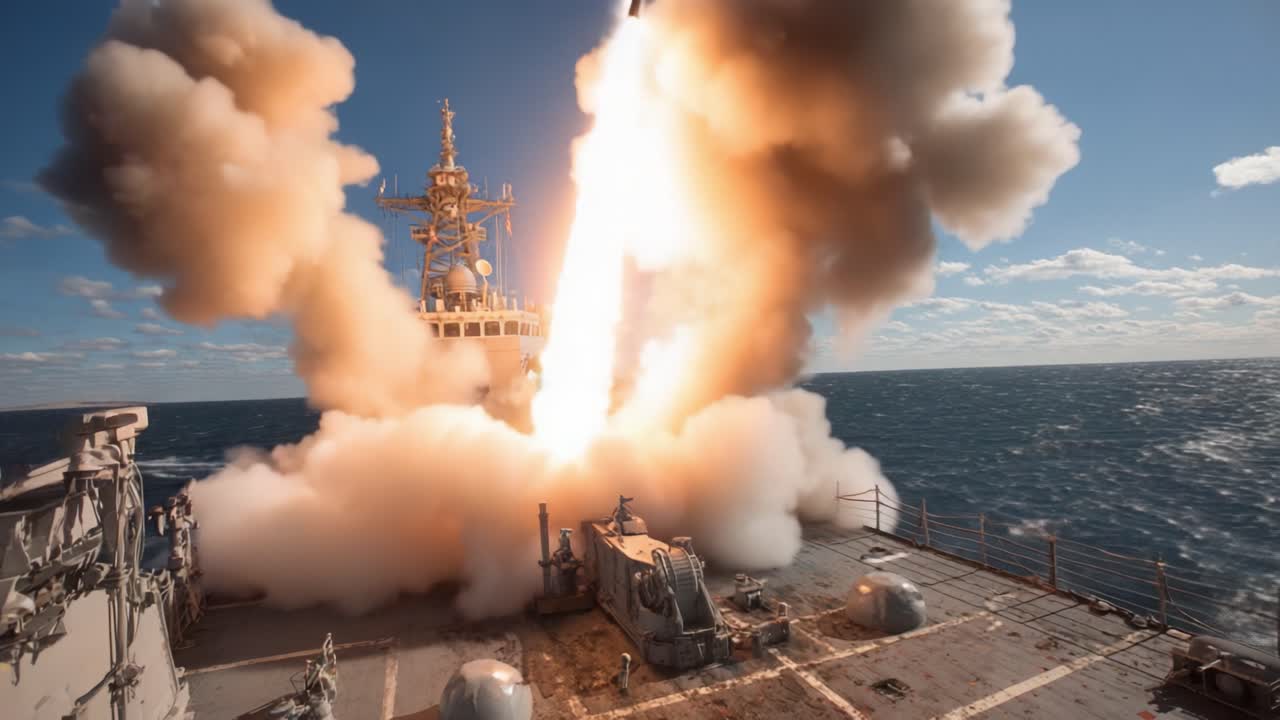 Un potente lanzamiento de misil desde una embarcación naval muestra fuego y humo contra un cielo azul claro, resaltando la tecnología militar moderna en acción