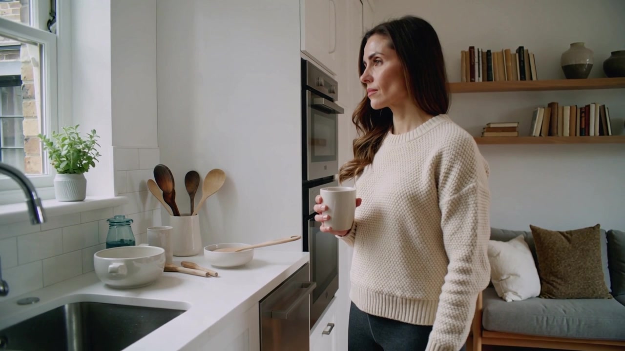 Una donna in maglione di lana osserva, tenendo una tazza bianca in cucina, con la luce che attira l'attenzione; spazio per il testo.