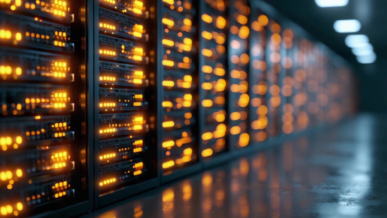 A Stunning Visual of a High-Tech Data Center Filled with Illuminated Server Racks, Showcasing Advanced Technology and Modern Infrastructure for Data Storage and Processing