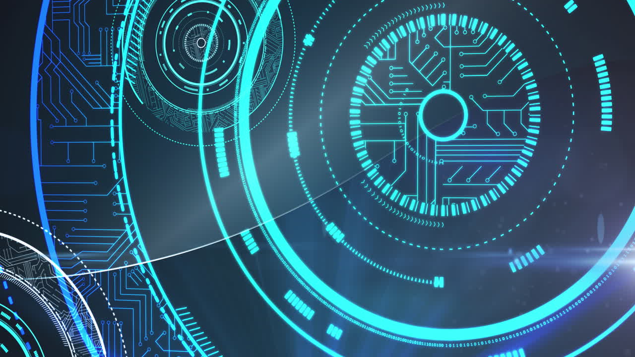 animazione di schede di circuiti digitali con cerchi verdi luminosi