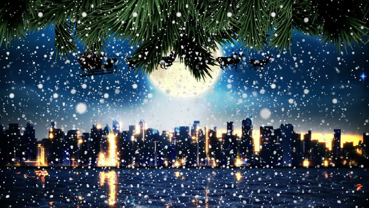 анимация санта-клауса в санях с оленями над зимним пейзажем и луной