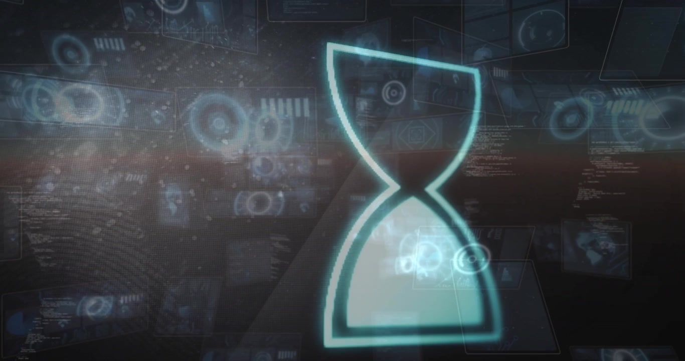 Hourglass icon and digital interface elements, futuristic technology animation