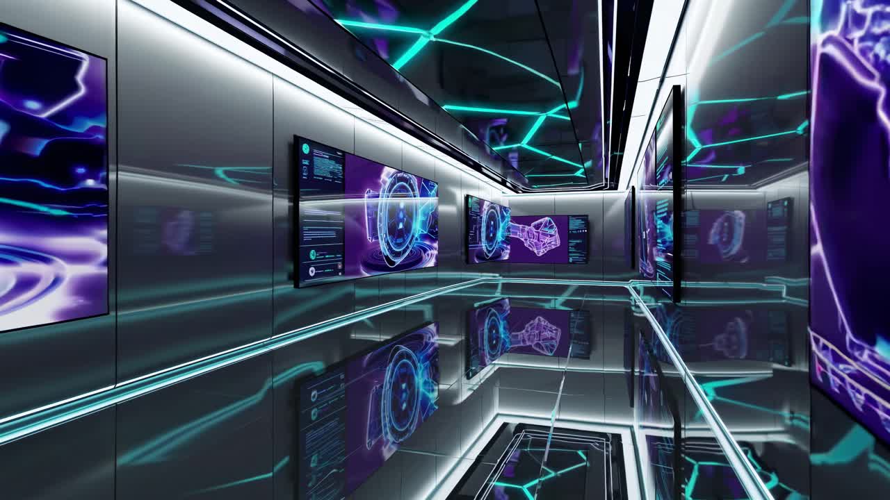 Futuristic Technology Corridor with Digital Displays