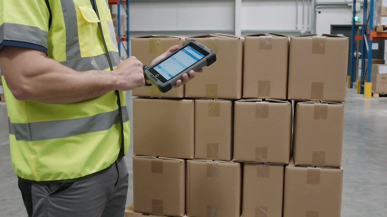 Raising tablet, warehouse worker in vest tapping screen by pallet boxes checking stock, copy space