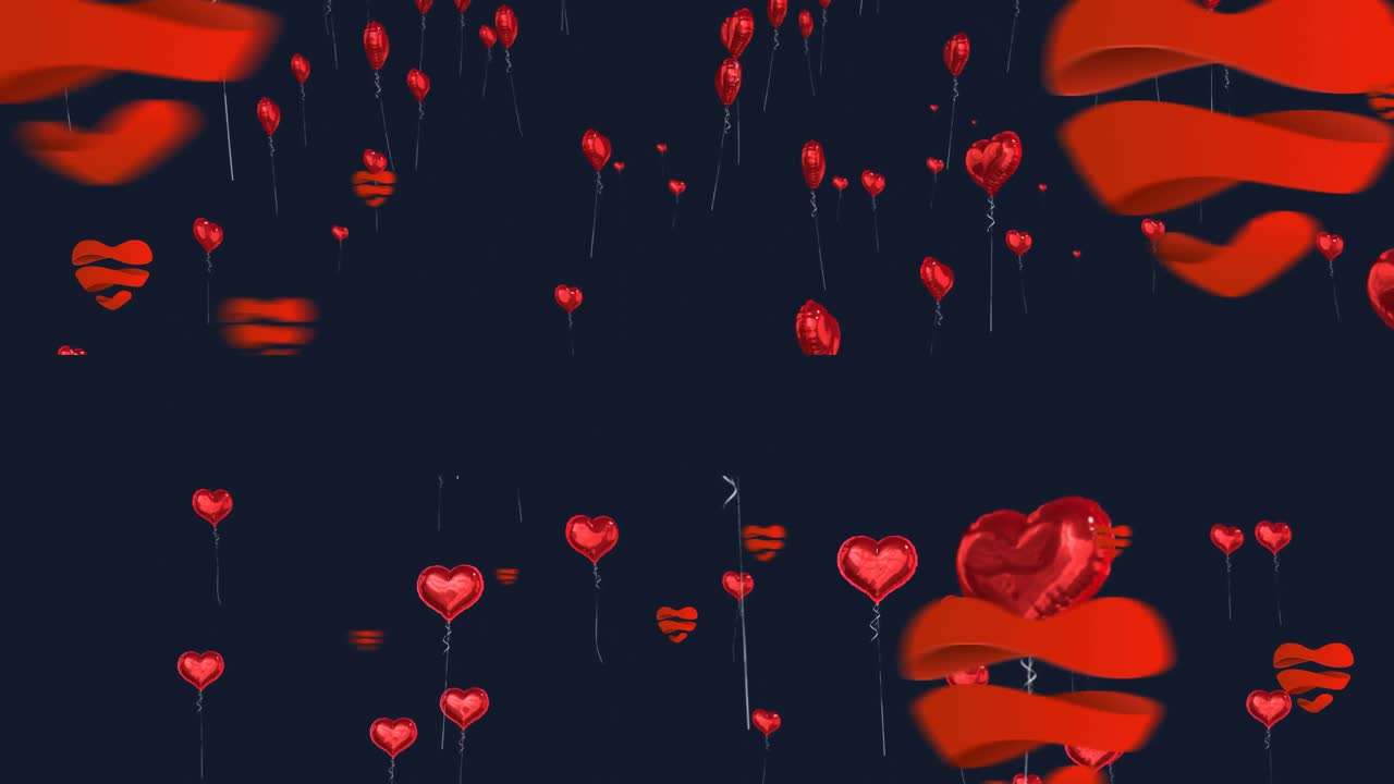 심장 모양의 빨간 빛 트레일의 디지털 애니메이션 블랙 배경에 떠다니는 풍선