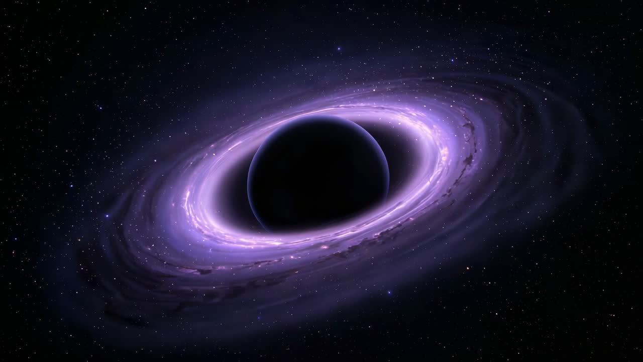 Rotating purple accretion disk around black hole silhouette pulling gas inward by gravity, in space