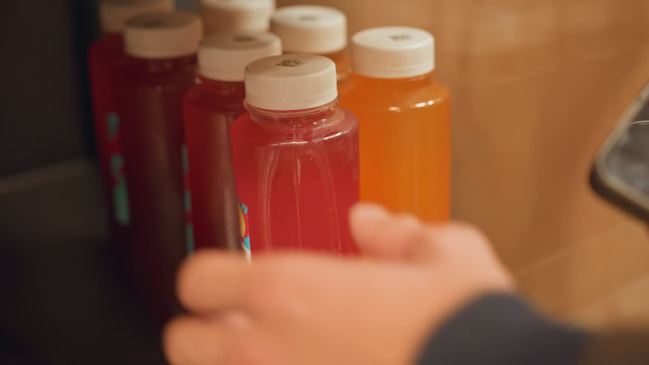 vibrant juice bottles in refrigerated display, customer hand reaches for red bottle with white cap among orange and red juices on wooden backed shelf, closeup focus on plastic packaging and label