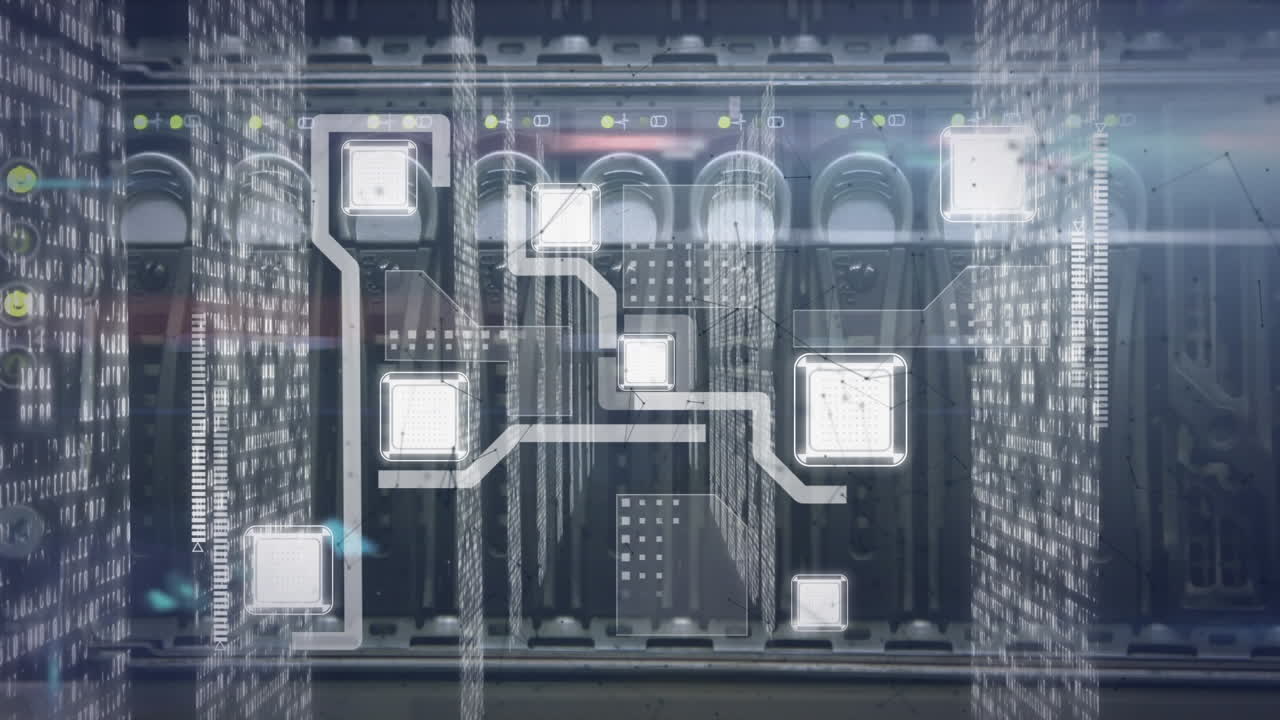 Animation of computer circuit board and data processing over server