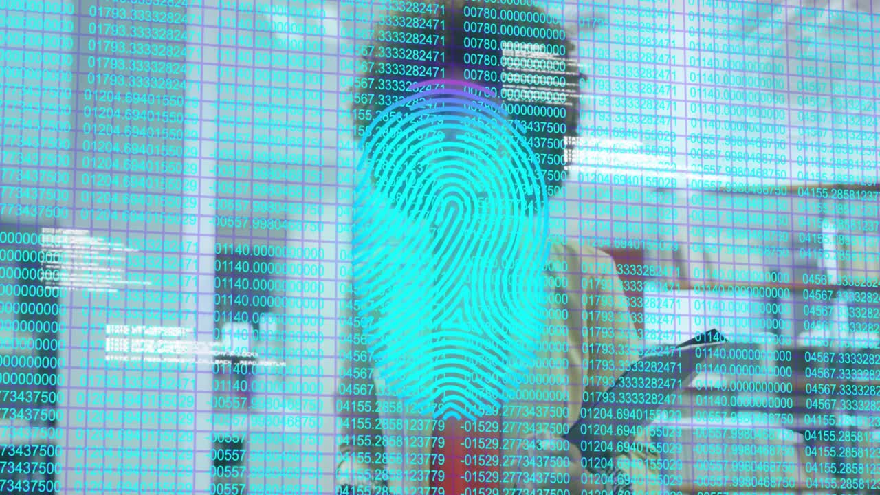 Staffer raising phone and activating biometric scan while fingerprint numeric grid overlaying face