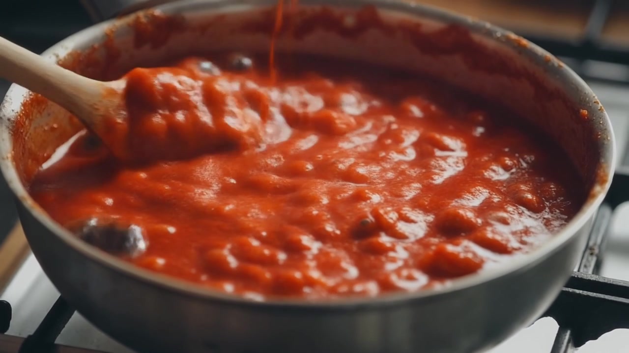 Chef Mexendo Molho de Tomate Espesso Numa Panela