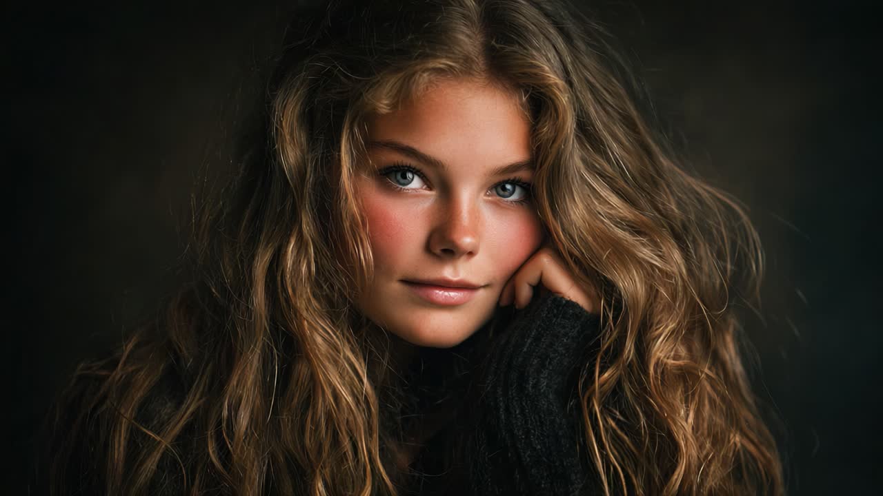 A Portrait of Contemplation: A Captivating Young Girl with Flowing Curls and Enchanting Blue Eyes Posing Thoughtfully Against a Soft Dark Background
