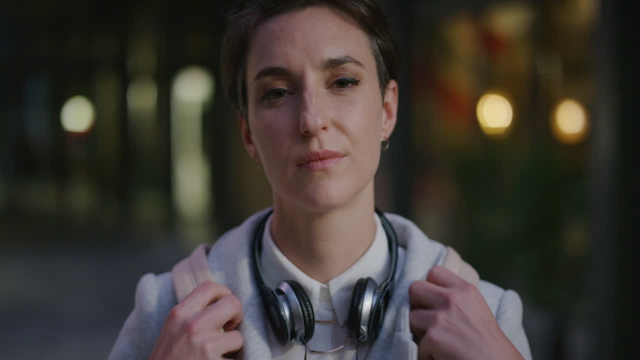 retrato independiente de una joven mujer de negocios ejecutiva que se ve confiada en la ciudad por la noche empresaria profesional que viaja a la ciudad en cámara lenta