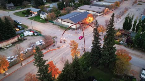 A-Wide-Angle-Cinematic-Drone-Shot-of-the-Northern-Canadian-Landscape-a-Small-Rural-Town-Skiing-Fishing-Village-Main-Street-Arches-in-Asessippi-Community-in-Binscarth-Russell-Manitoba-Canada