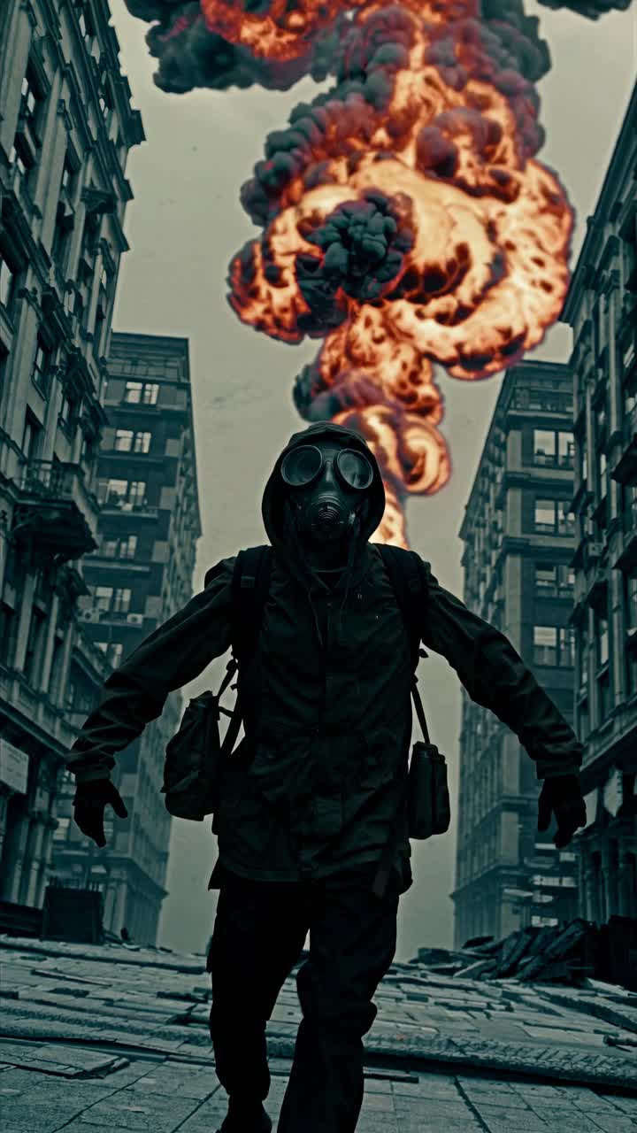 Dramatic video scene of a person in a gas mask running through a desolate city street