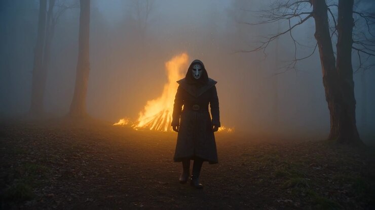 Walking masked figure in dark coat and boots, advancing through misty clearing as bonfire flaring