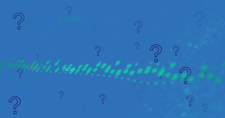 Animation of financial data processing over question marks
