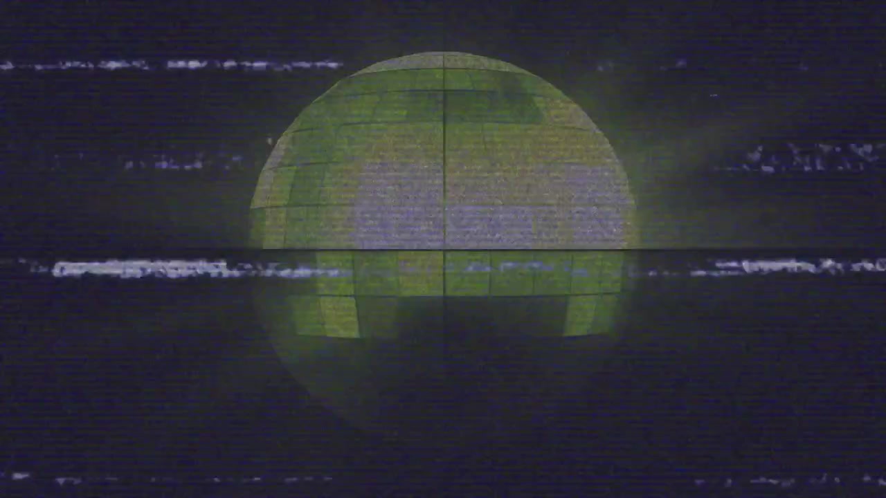 On loading green orb receiving static bands pulsing red-blue scanlines depicting glitch