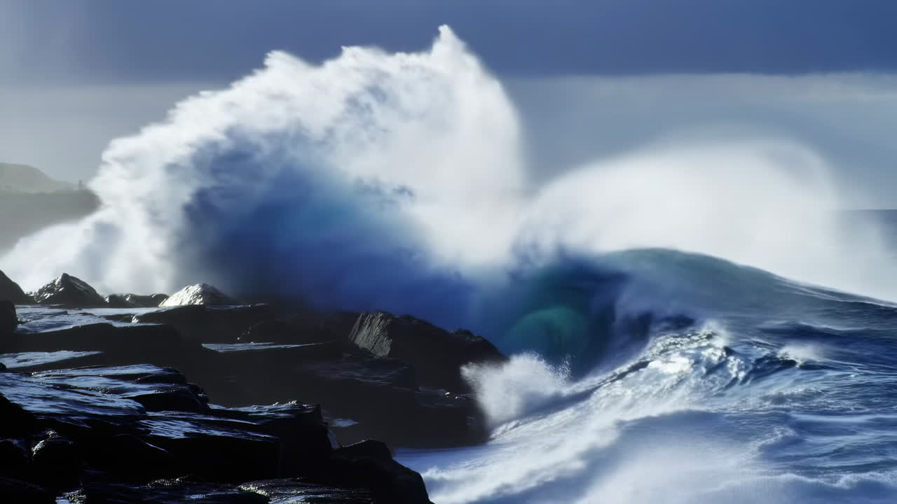 Rocky Shore With Explosive Breaking Waves, Huge Spray Plumes Hitting Jagged Basalt, Powerful Swell And White