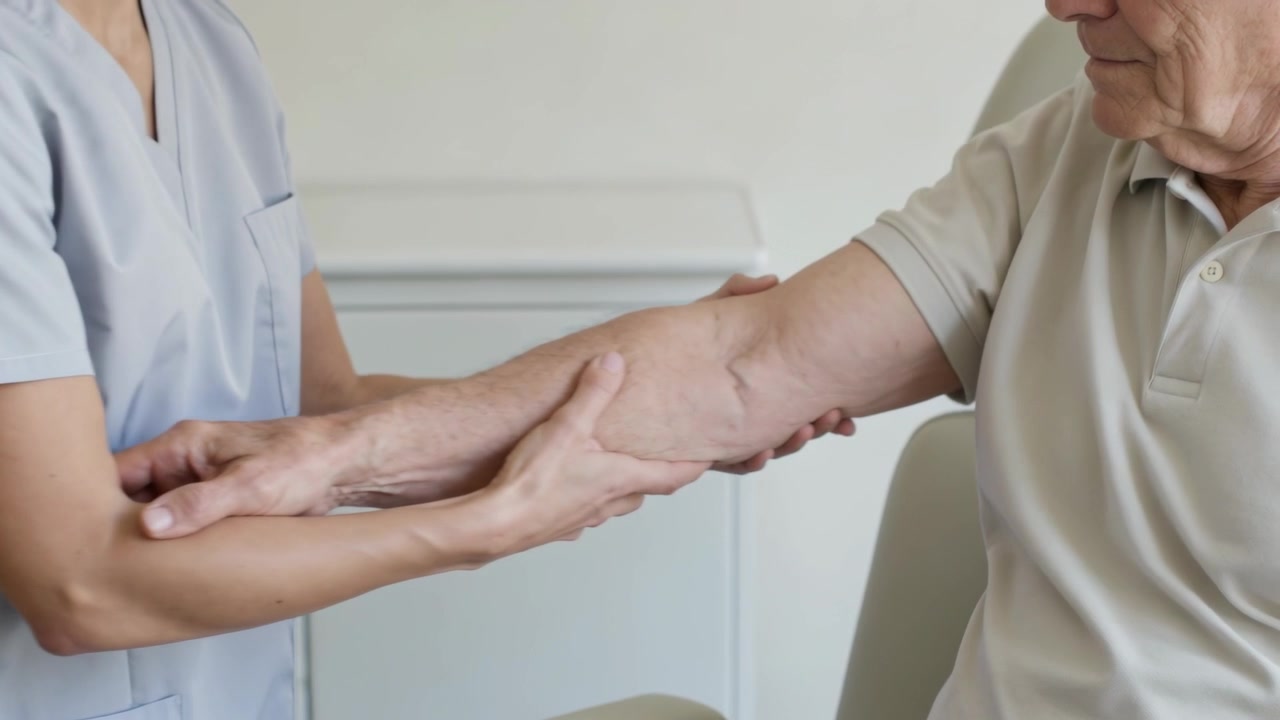 Zorgverlener in scrubs reikt en past de greep aan onder de onderarm van een mannelijke patiënt in de kliniek, terwijl de beweging wordt beoordeeld.
