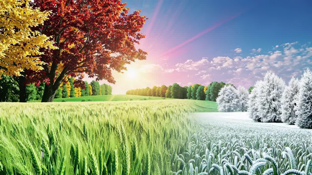 Split-screen video concept showing seasonal change from summer to winter in a landscape