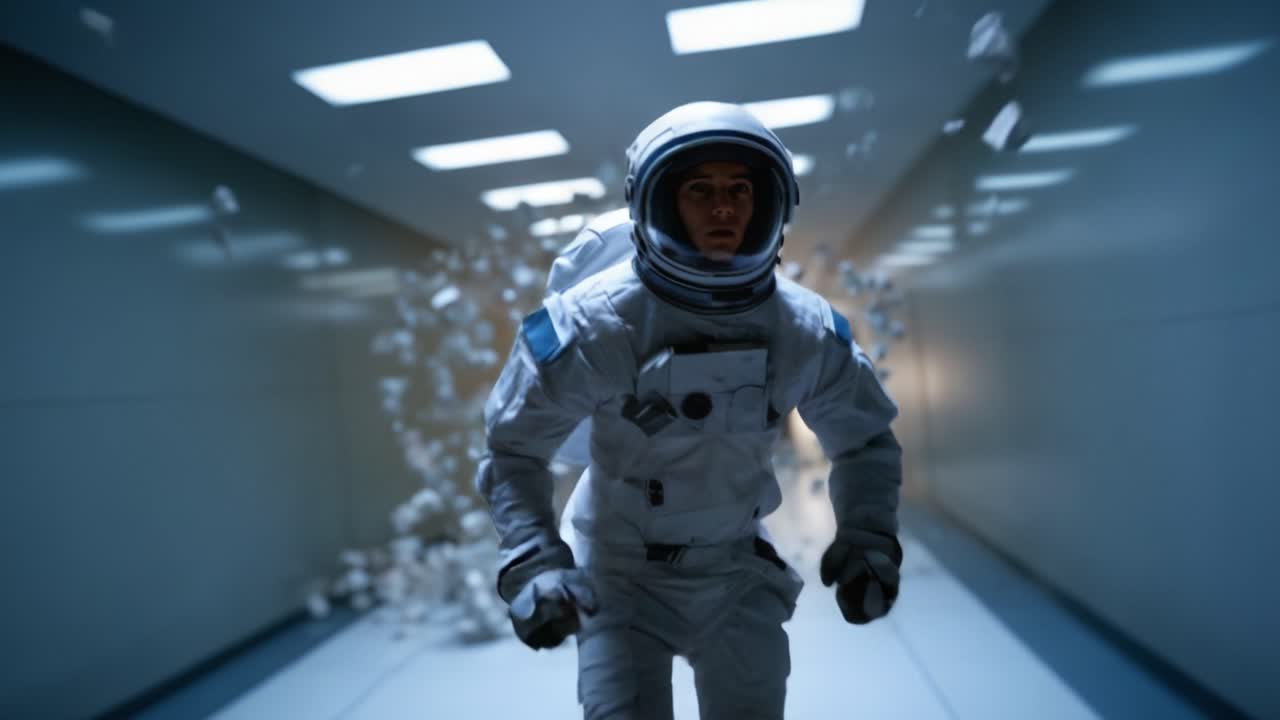 Un astronauta en un pasillo futurista se lanza a través de una nube de escombros flotantes, mostrando determinación y urgencia en un entorno de alta tecnología