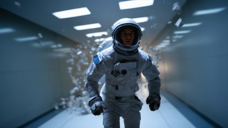 An astronaut in a futuristic corridor, dashes through a cloud of floating debris, showcasing determination and urgency amidst a high-tech environment