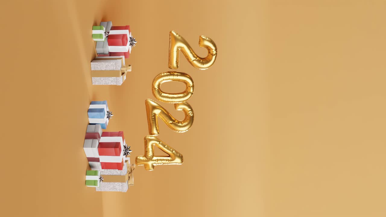 celebrando el 2024 con globos dorados y regalos en fondo amarillo vertical