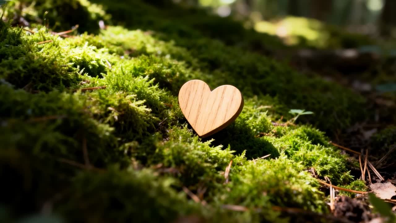 Spostamento della camera e luce screziata che cambia, mettendo a fuoco un cuore di legno sul muschio ed evidenziandone le venature