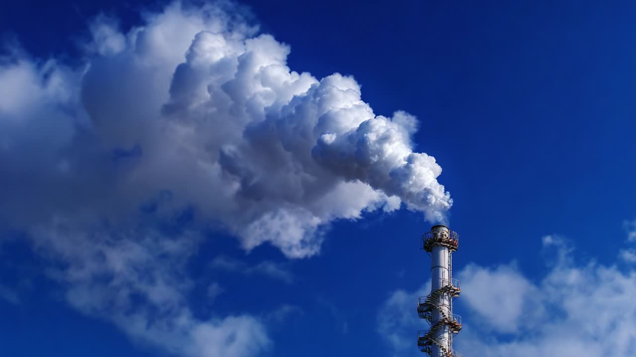 Factory Chimney Emitting Smoke Against Blue Sky