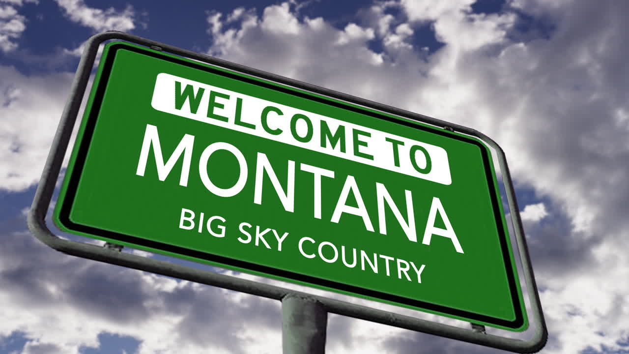 bienvenido a montana, estado de estados unidos señal de carretera, gran cielo eslogan del país, animación 3d realista
