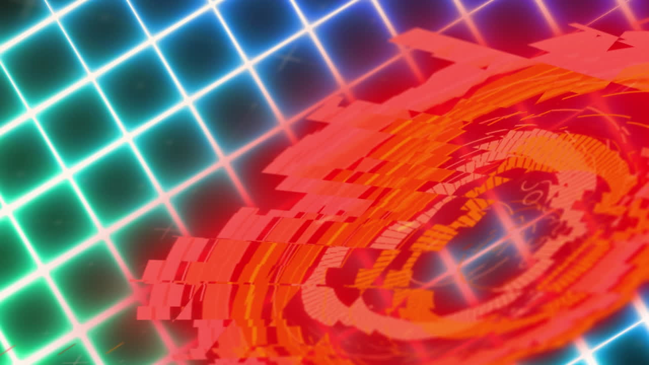 검은 바탕에 있는 그리드 네트워크에 대한 네온 빛나는 둥근 스캐너의 디지털 애니메이션