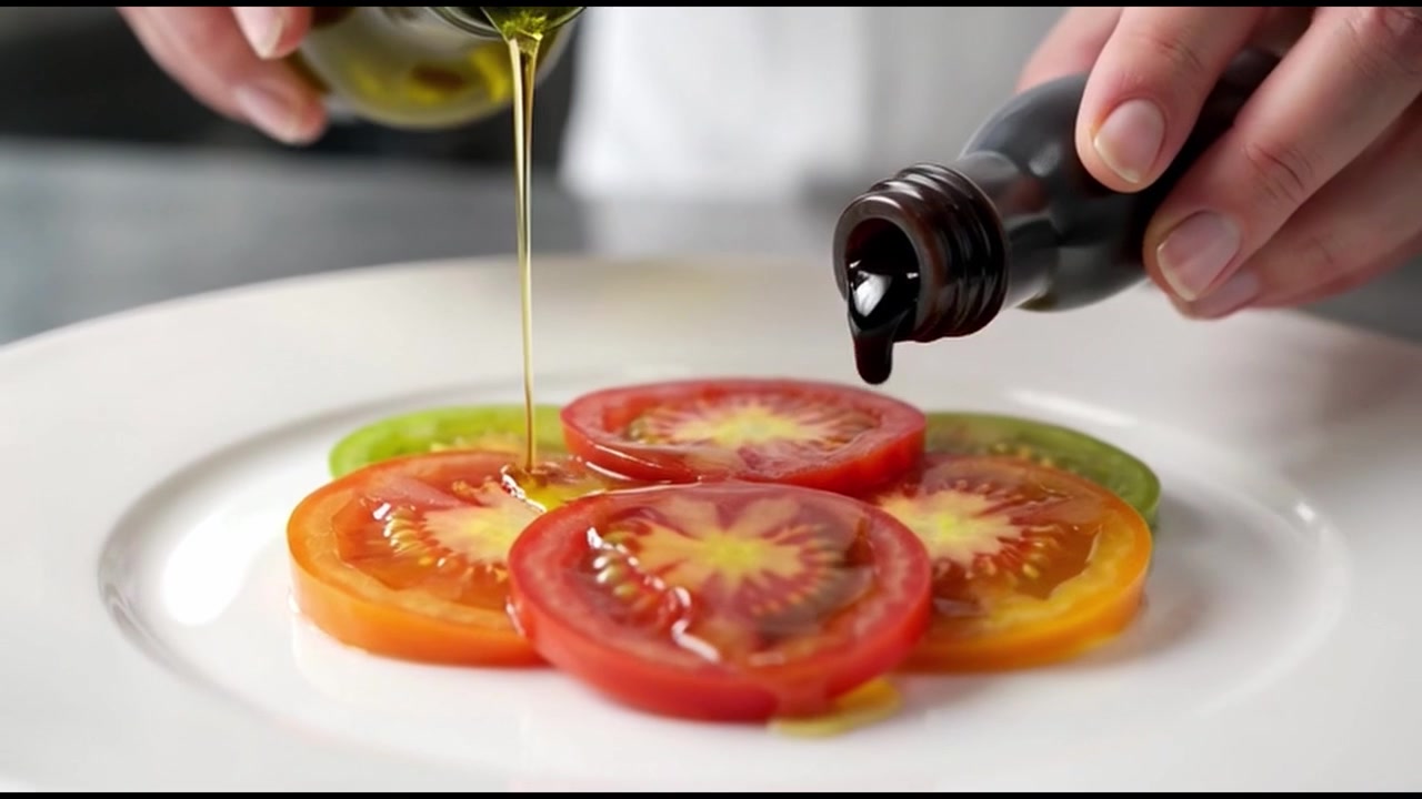 Chef che versa a filo olio d'oliva e glassa balsamica su fette di pomodoro fresco