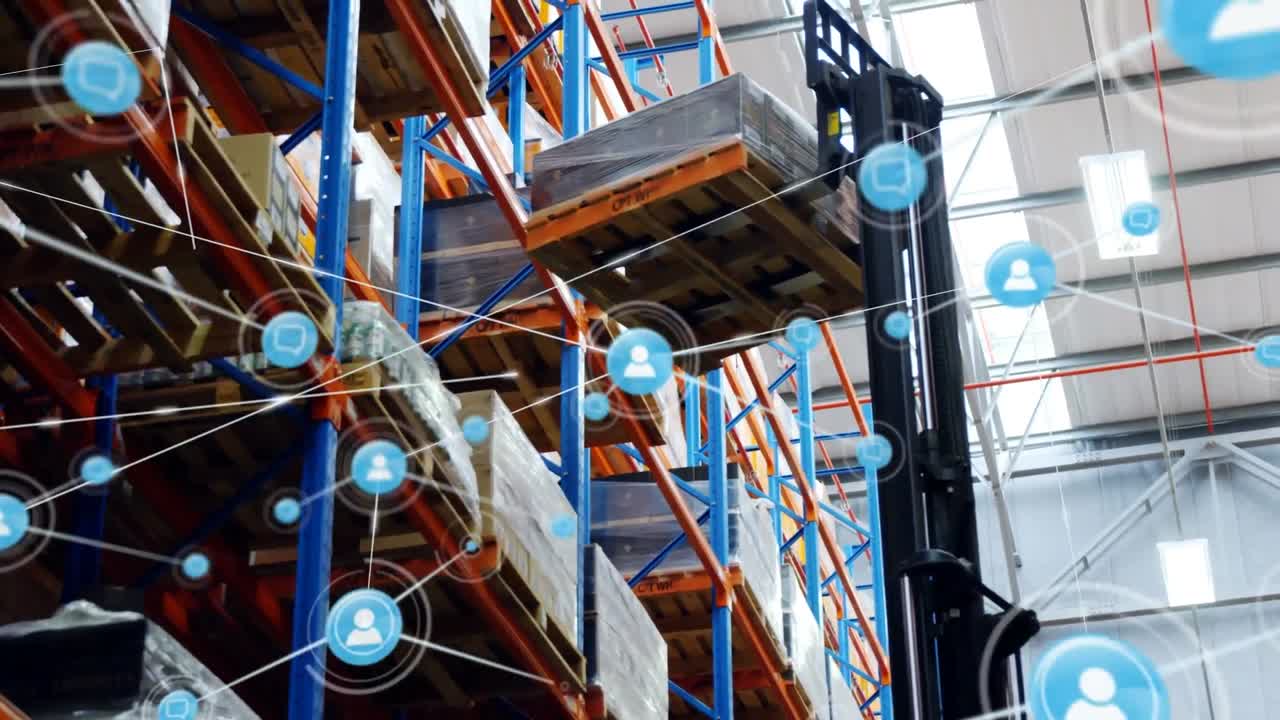 animación de la red de conexiones con iconos sobre el almacén