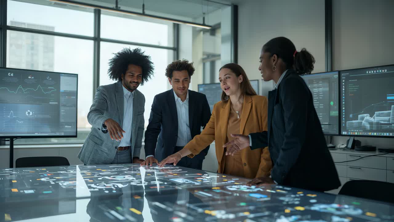 Pointing at lit touch table, four staff in suits with mustard blazer explaining routes in office