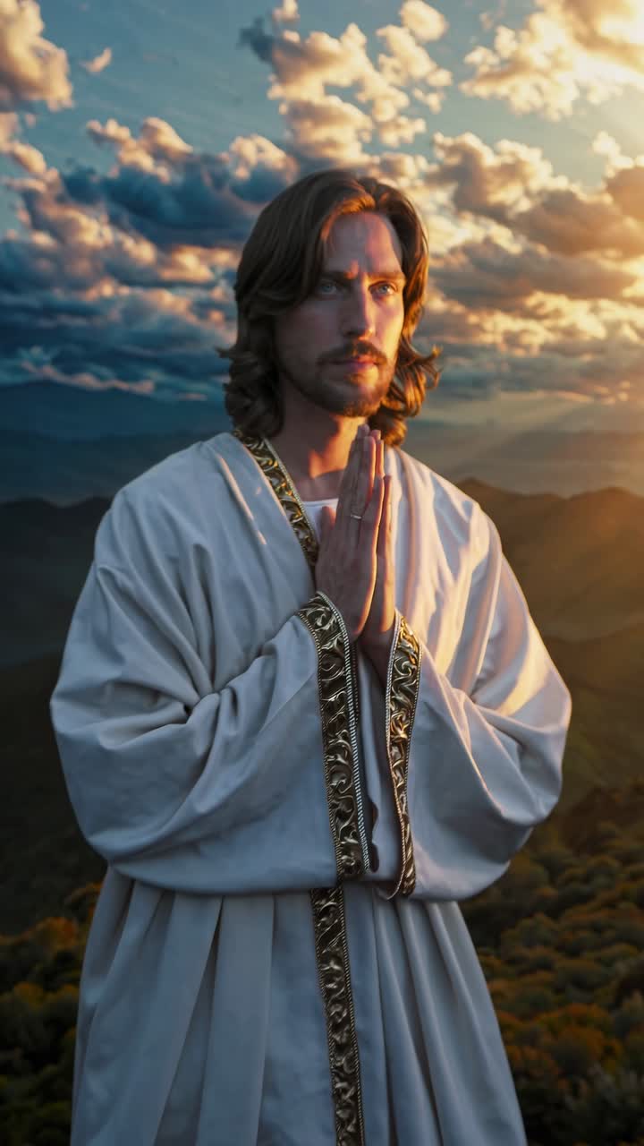Religious figurative painting depicting Christ wearing ornate white robe, palms clasped in prayer, standing before golden-hued mountainous backdrop during luminous sunset moment