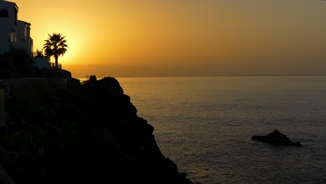 Silhouette-Von-Palmen,-Meeresklippen-Und-Luxuriösen-Eigentumswohnungen-Mit-Meerblick-Auf-Teneriffa,-Statische-Etablierung