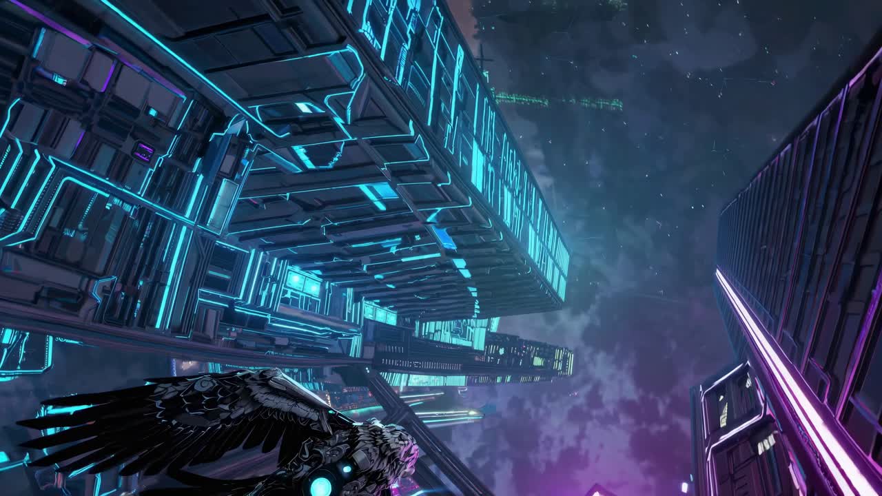 Cyberpunk Cityscape with Flying Raven