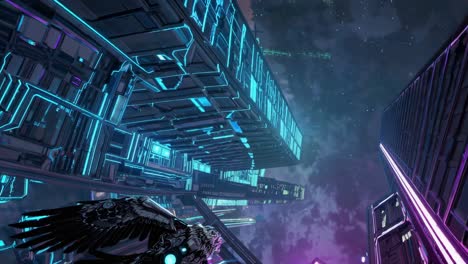 cyberpunk cityscape with flying raven