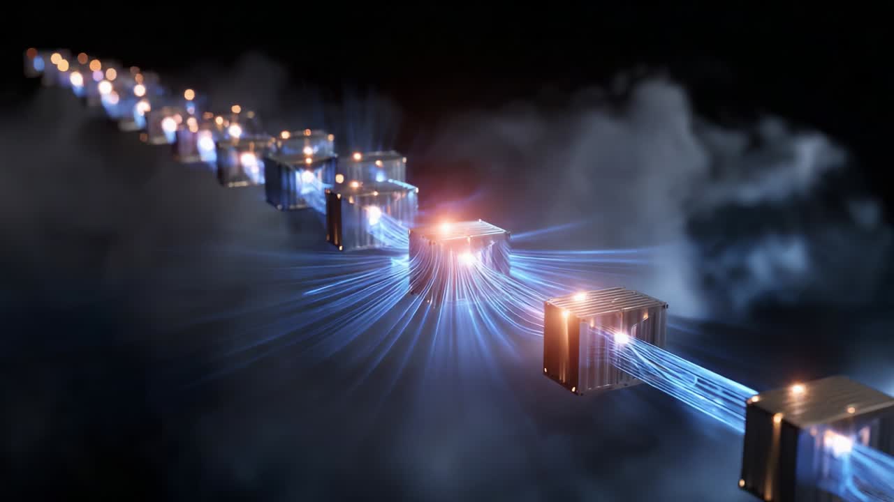Futuristic Visualization of Data Transmission Through Light, Showcasing a Series of Illuminated Boxes Connected by Ethereal Blue Streams of Energy in a Dark, Cloudy Space Environment