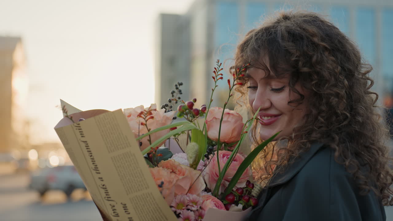 Fiorista radiosa con lo skyline serale della città. Un sorriso adorna la fiorista che tiene in mano rose sotto le luci sfavillanti della città. Allegra venditrice di fiori che mostra un bouquet con le vivaci luci della città sullo sfondo.