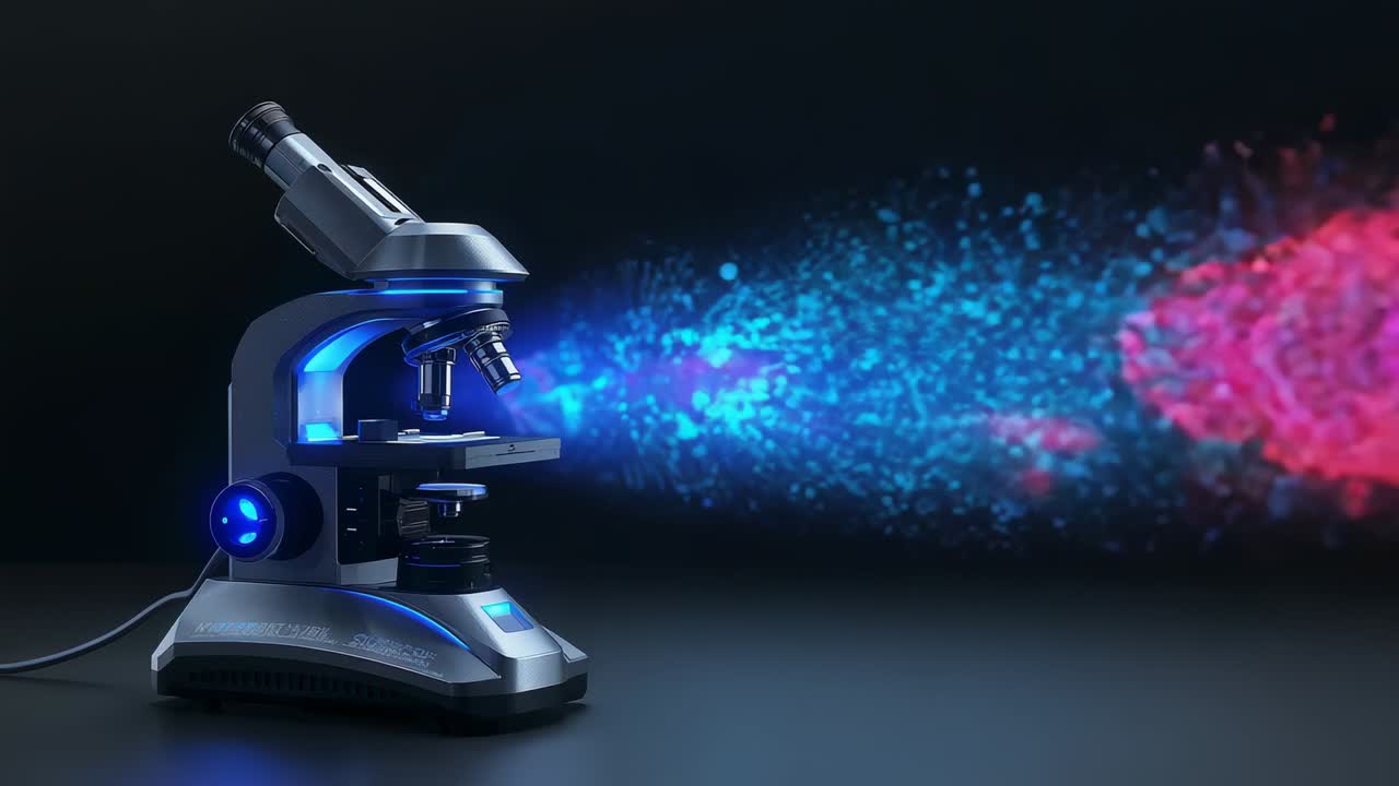 Powering microscope emitting particle cloud across dark table with blue LED for optics, copy space