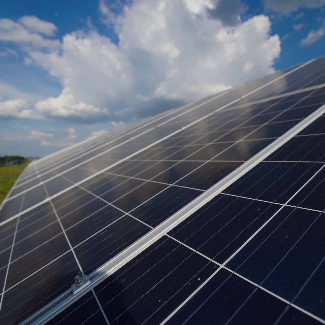 Movement close-up along a solar panel. Sustainable electric renewable energy from the power of the sun. Modern device for creating energy in a clear day.