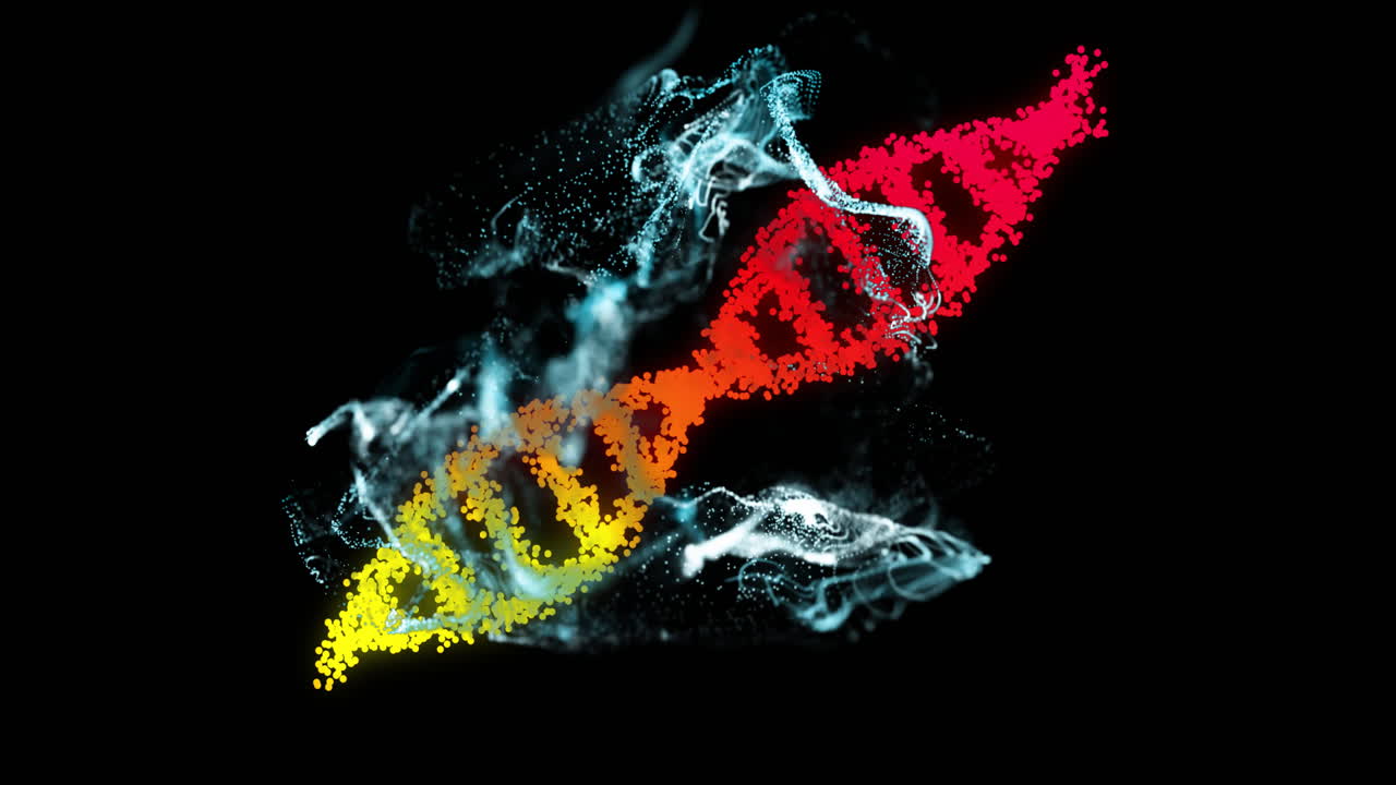 animación de cadena de adn colorida con partículas y efectos de humo en fondo negro