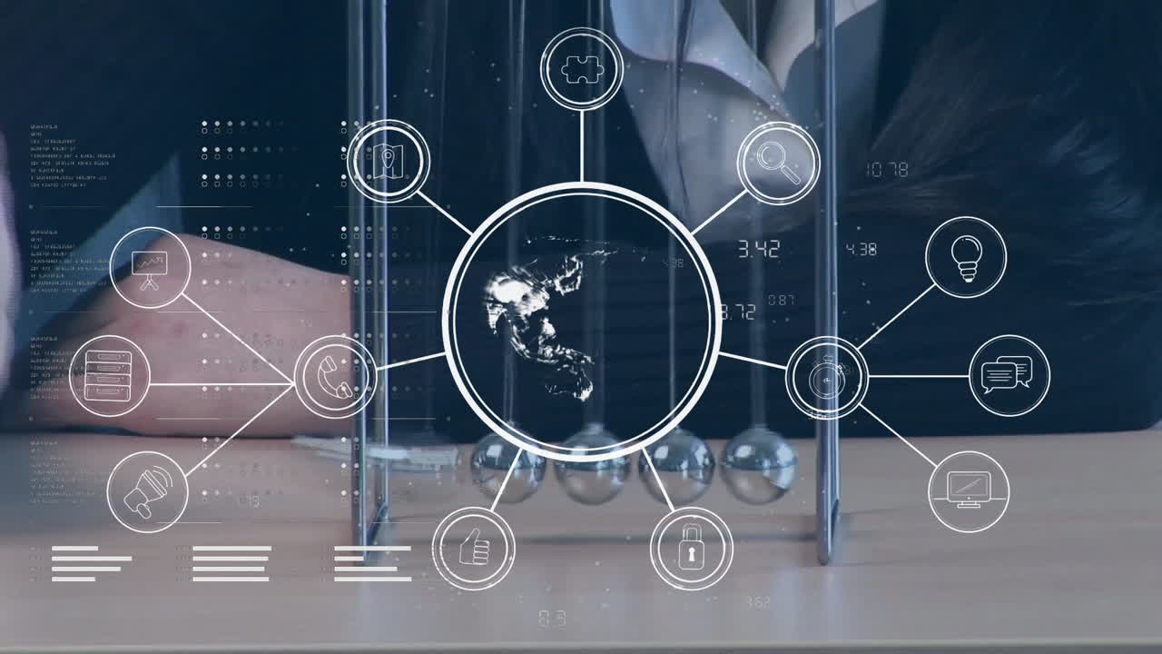 전 세계와 연결된 네트워크의 애니메이션: 카우카스 여성 사업가