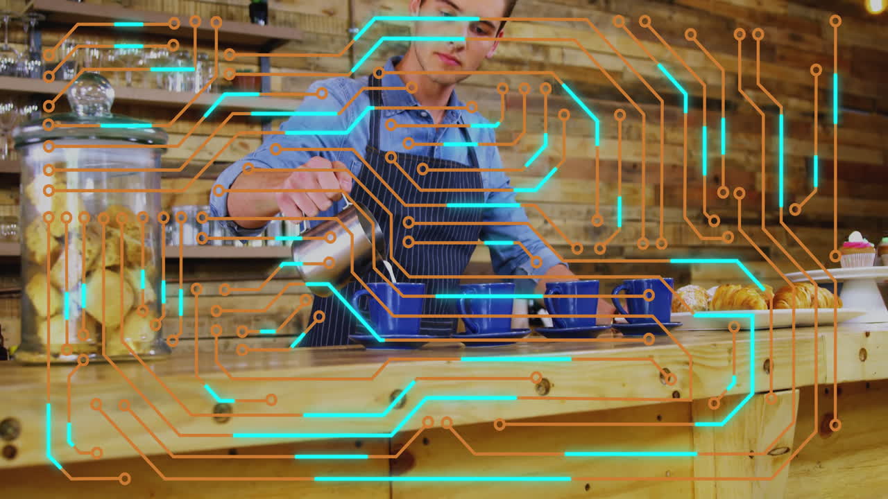Barista pouring milk into blue cups, overlay showing tech circuit lines mapping coffee data