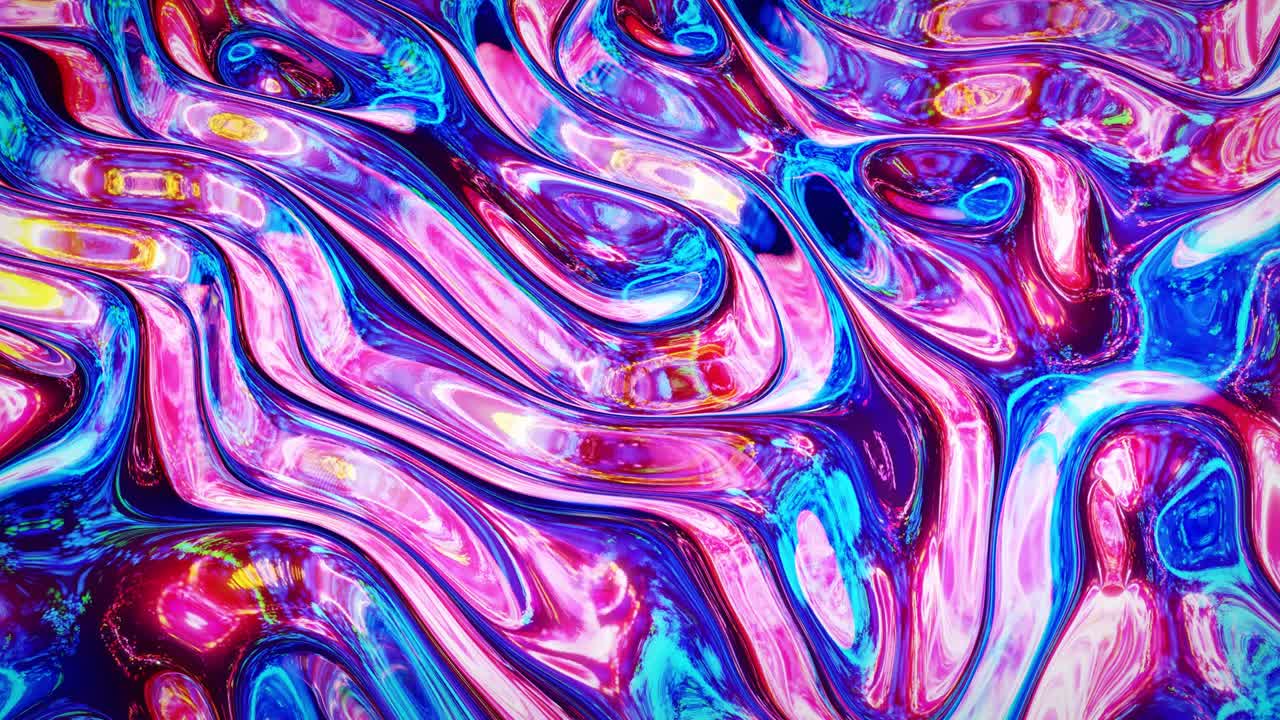 Looped abstract iridescent fluid background. Beautiful wavy glass surface of liquid with pattern, gradient color and flow waves on it. Creative bright bg with soft smooth animation.