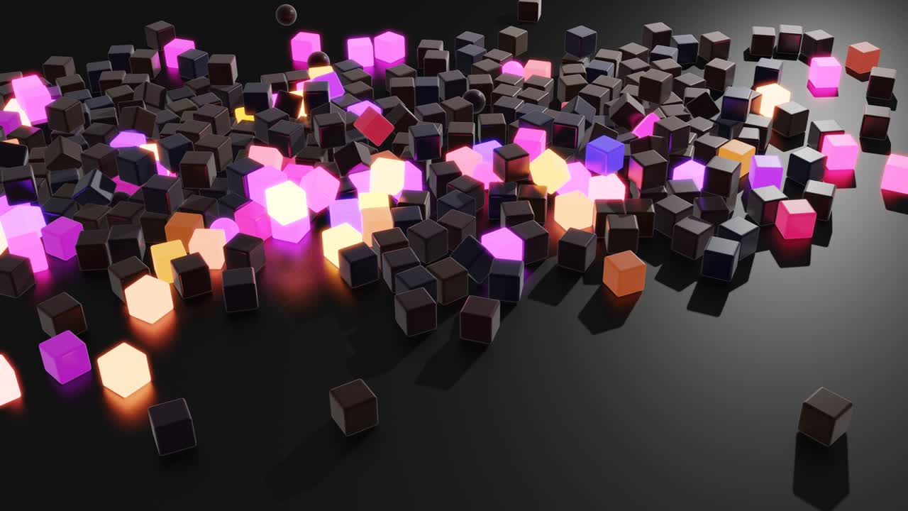 una guirnalda abstracta de cubos de brillo multicolores en el plano. 3d render abstracto de fondo de navidad en bucle con cubos de guirlandas. festivo brillante hermoso bg. juguetes festivos cubos en el plano