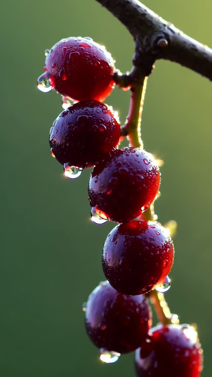 Close-up of Red Berries with Dew Drops