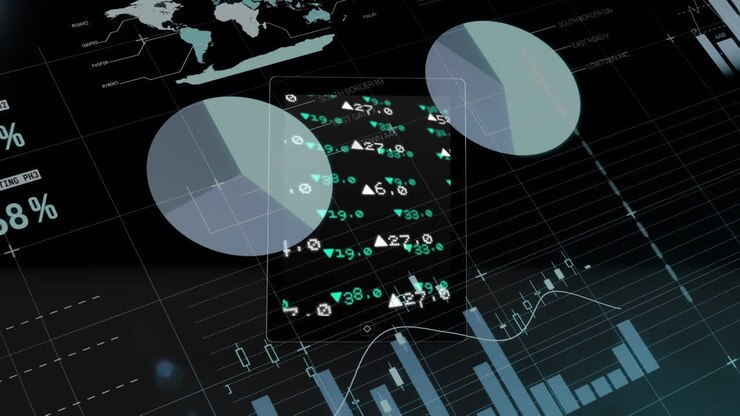 Animation of financial and statistical data processing against black background