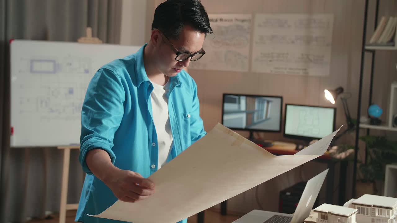 Architect reviewing blueprints at night